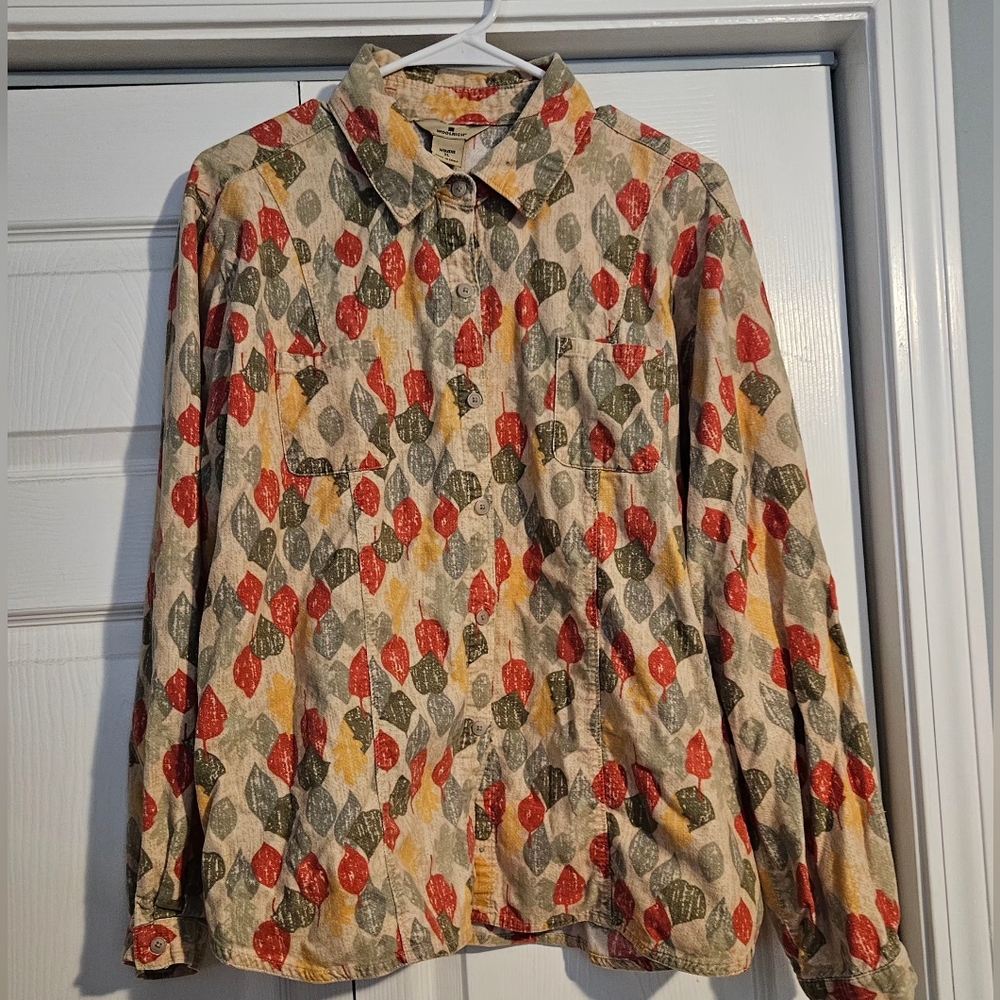 Woolrich Women's XL Leaf Novelty Print Button-Down Flannel Cotton Outdoor Sage